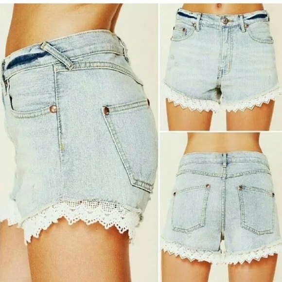 FREE PEOPLE Lace Trim Light Wash Denim Shorts, Size 26 - Picture 1 of 15